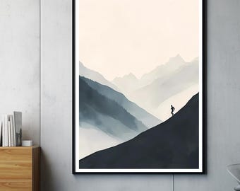 Puede incluir: Una impresión de arte digital minimalista que presenta una sola figura caminando por un sendero de montaña. El fondo es de un azul y blanco suave y apagado, con una cadena montañosa brumosa en la distancia.
