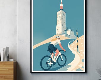 Póster de ciclismo del Mont Ventoux | Ilustración de ciclismo en Francia | Decoración de pared para ciclistas de carretera | Regalo para ciclistas (sin marco)
