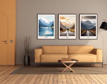 Pode incluir: Três quadros decorativos com ilustrações de paisagens de um nadador num lago, um ciclista numa estrada e um corredor num caminho, com o texto SWIM, BIKE e RUN impresso a preto na parte inferior da borda branca de cada um.