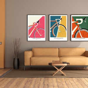 Racefiets kunst aan de muur - SET VAN 3 - Tour - Giro - Vuelta | Minimalistische fietsposterset | Racefietsafdrukken instellen | zonder lijst | Grote Ronde|  GTV03