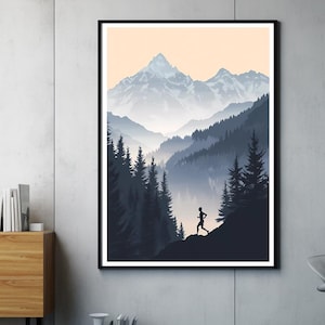 Könnte beinhalten: Eine digitale Illustration einer Person, die durch einen Wald mit einer Bergkette im Hintergrund läuft. Der Himmel ist hellorange und die Berge sind hellblau. Die Bäume sind dunkelblau und die Person ist eine dunkle Silhouette.