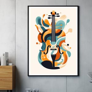 May include: Abstract art print featuring a stylized violin with orange, blue, and black paint splatter designs.