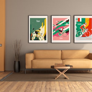 Road bike wall art - set of 3 - Tour - Giro - Vuelta | Minimalistic Cycling Poster Set | Road bike prints set | without frame | Grand Tour | GTV04