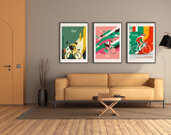 Road Bike Wall Art - SET OF 3 - Tour - Giro - Vuelta | Minimalistic Cycling Poster Set | Road Bike Prints Set | without frame | Grand Tour | GTV04