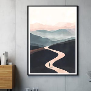 Könnte beinhalten: Ein minimalistischer digitaler Kunstdruck mit einem gewundenen Pfad durch eine Berglandschaft. Der Pfad ist hellrosa und die Berge sind in gedeckten Blautönen und Grüntönen gehalten. Eine einzelne Figur geht auf dem Pfad.