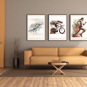Arte de pared de triatlón - JUEGO DE 3 - Natación - Ciclismo - Correr | Mujeres | Conjunto de carteles abstractos | Conjunto de impresiones únicas | sin marco T10