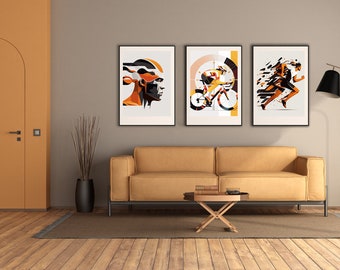 May include: Three abstract art prints in black frames hang on a gray wall above a tan couch. The prints feature geometric shapes and figures in shades of orange, black, and white. The couch is in a living room with a wooden floor and a brown rug.