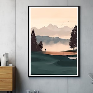 May include: A digital illustration of a golf course with a single figure in the distance. The course is set against a backdrop of mountains and a hazy sky. The colours are muted and earthy, with shades of green, brown, and blue.