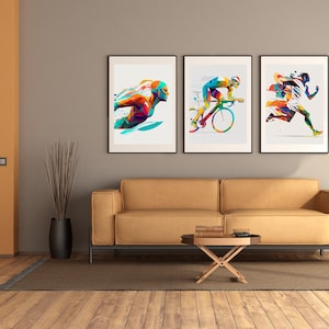Decorazione da parete per triathlon - SET DI 3 - Nuoto - Ciclismo - Corsa | Set di poster astratti | Set di stampe uniche | senza cornice | T01
