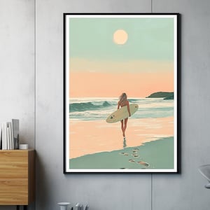 Póster de chica surfista: arte de pared minimalista de surf sin marco | Atardecer en la playa | Decoración de playa abstracta