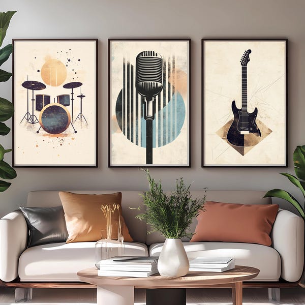 Muzyczna grafika ścienna – zestaw 3 plakatów z mikrofonem, gitarą i perkusją | Dekoracja ścienna | Rock 'n' Roll | Bez ramki | Sztuka do salonu | Prezent dla muzyków