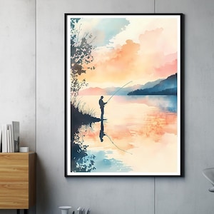 Stampa artistica del pescatore al tramonto | Poster di scena di pesca tranquilla | Arte della parete del lago acquerello | Decorazione della natura serena | Regalo per i pescatori