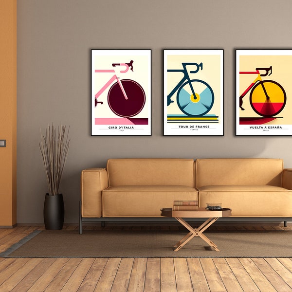 Rennrad Wandkunst - 3er SET - Tour - Giro - Vuelta | Minimalistic Cycling Poster Set | Rennrad Prints Set | ohne Rahmen | Grand Tour|  GTV02