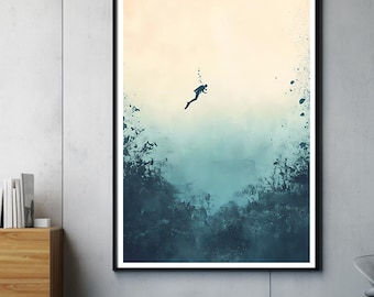 Diver Art Print | Vintage Diving Illustration | Modern Underwater Wall Art | Minimalist Ocean Decor | Gift for Scuba Divers and Ocean Lovers