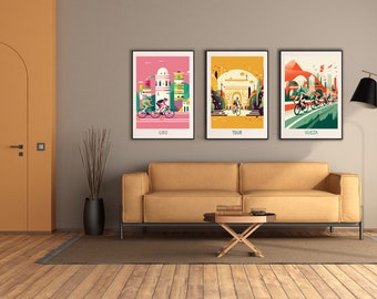 Rennrad Wandkunst - 3er SET - Tour - Giro - Vuelta | Minimalistic Cycling Poster Set | Rennrad Prints Set | ohne Rahmen | Grand Tour|  GTV02