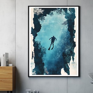 Diver Art Print | Vintage Diving Illustration | Modern Underwater Wall Art | Minimalist Ocean Decor | Gift for Scuba Divers and Ocean Lovers
