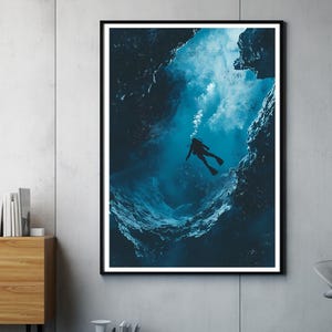 Impresión de arte de buzo ? Ilustración de buceo vintage | Arte moderno de pared bajo el agua | Decoración minimalista del océano | Regalo para buceadores y amantes del océano.