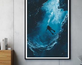 Diver Art Print | Vintage Diving Illustration | Modern Underwater Wall Art | Minimalist Ocean Decor | Gift for Scuba Divers and Ocean Lovers