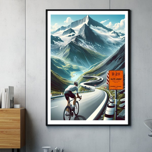 Alpe d'Huez Rennrad Poster - Radfahrer-Kunst - Radsportfans, Abenteurer, Radsport, Poster, Wandkunst, Geschenk für Radfahrer
