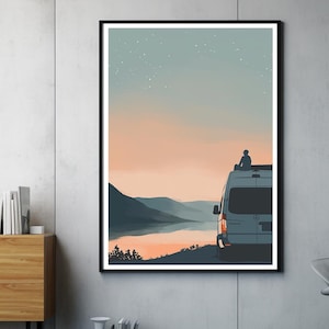 Vanlife Poster – Sunrise at the Lake with Camper Van Mercedes Sprinter | Nature Wall Art for Adventurers CAMP032
