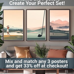 Puede incluir: Tres p&oacute;sters enmarcados con tem&aacute;tica de golf. Los p&oacute;sters muestran a un golfista balanceando un palo, un palo de golf y a un golfista caminando por un campo de golf. El texto en los p&oacute;sters dice "Combine the Posters Create Your Perfect Set!" y "Mix and match any 3 posters and get 33% off at checkout!"