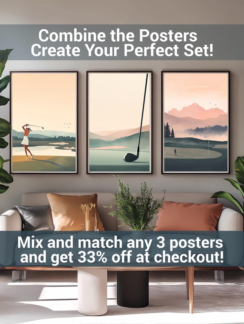 Puede incluir: Tres p&oacute;sters enmarcados con tem&aacute;tica de golf. Los p&oacute;sters muestran a un golfista balanceando un palo, un palo de golf y a un golfista caminando por un campo de golf. El texto en los p&oacute;sters dice "Combine the Posters Create Your Perfect Set!" y "Mix and match any 3 posters and get 33% off at checkout!"