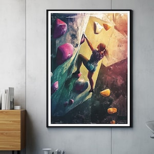 Impresión artística de muro de escalada | Póster de boulder femenino | Decoración de escalada | Regalo para escaladores | Ilustración moderna de escalada en interiores | Sin marco