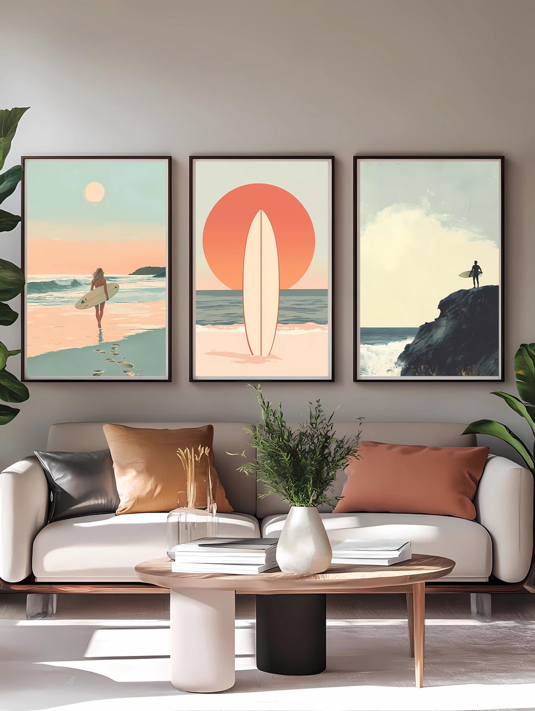 Surfer Wall Art Set of 3 Beach, Waves & Surfboard