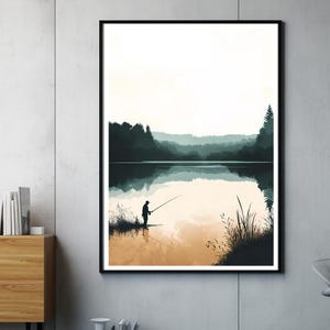 Puede incluir: Una pintura digital de una persona pescando en un lago en un bosque. El lago está tranquilo y refleja los árboles y el cielo. La persona está silueteada contra el agua y los árboles son de un verde oscuro.