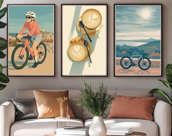 Póster Ciclista junto al mar | Ilustración de bicicleta | Arte de paisaje costero | Decoración de pared para ciclistas | Regalo sin marco para ciclistas