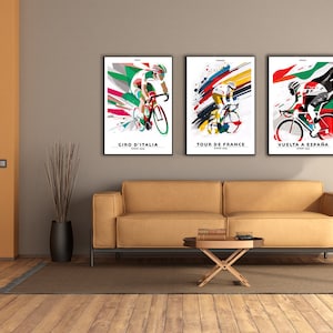 Road bike wall art - set of 3 - Tour - Giro - Vuelta | Minimalistic Cycling Poster Set | Road bike prints set | without frame | Grand Tour