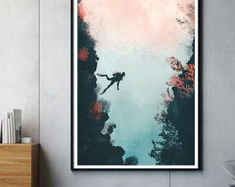 Diver Art Print | Vintage Diving Illustration | Modern Underwater Wall Art | Minimalist Ocean Decor | Gift for Scuba Divers and Ocean Lovers
