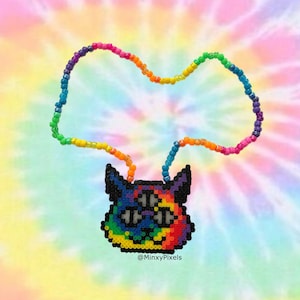 Trippy Kitty Kandi Perler Necklace - Tie Dye Pixel Kawaii Psychedelic beads jewelry rave accessory perlers wear rainbow cat festival fun