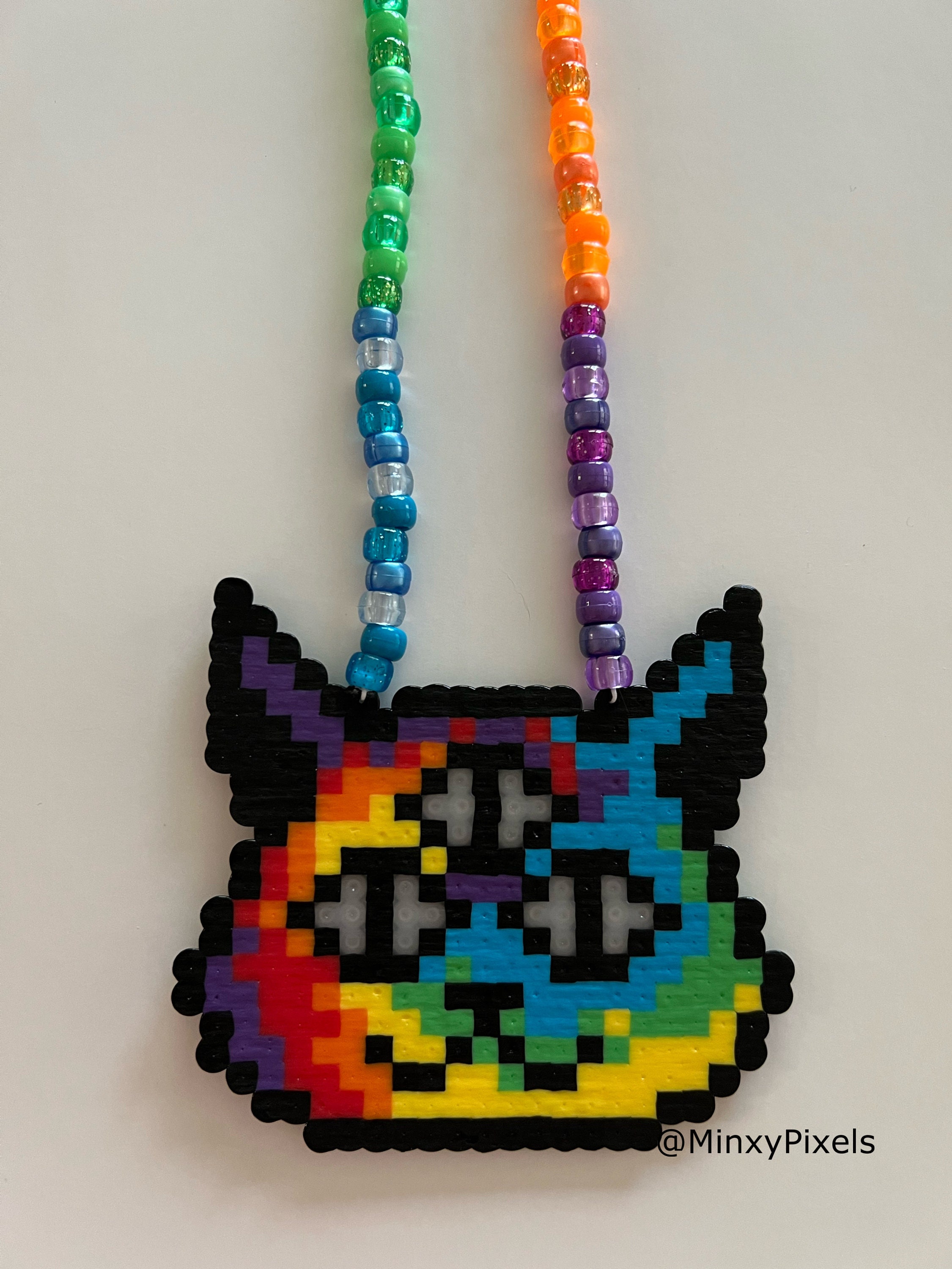 Trippy Kitty Kandi Perler Necklace - Tie Dye Pixel Kawaii
