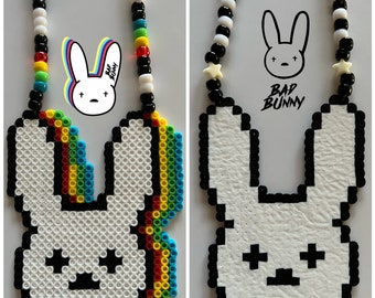 VVV☆MINI RABBIT STAR MIX BEADS NECKLACE Bad White Black Bunny Kandi Perler Necklace Conejo Malo Bad