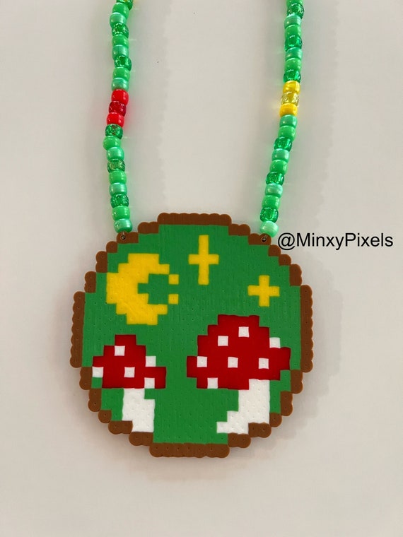 Mushrooms Moon Stars Raver Kandi Perler Necklace Cottage Core Pixel Beads  Beaded Jewelry Rave Perlers Bead Music Festival EDM Accessory