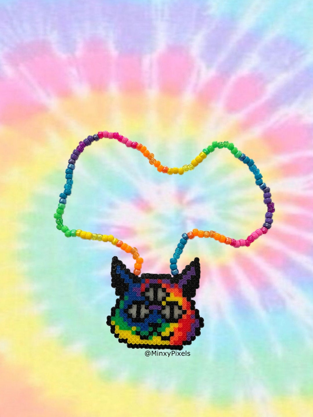 Trippy Kitty Kandi Perler Necklace - Tie Dye Pixel Kawaii