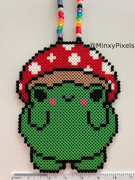 Frog Mushroom Hat Kandi Perler Necklace frogs cottage core pixel mushrooms  beads jewelry rave wear perlers Kandi candy accessory concert