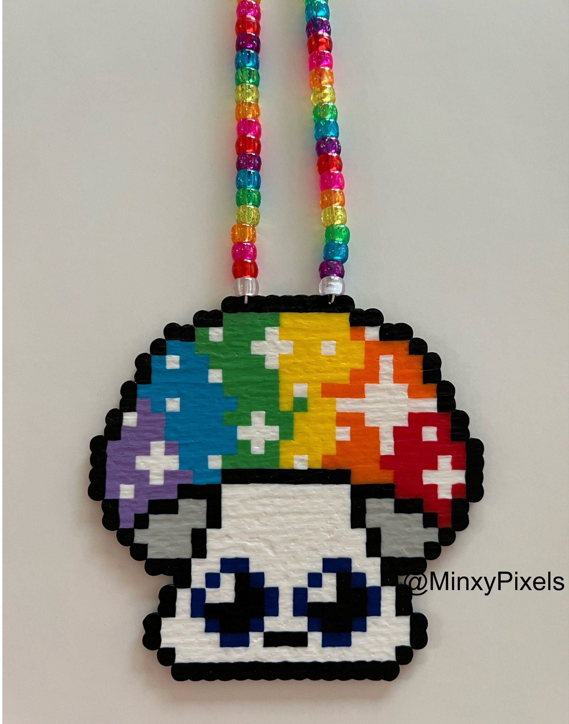 Rainbow Frog Mushroom Box Raver Kandi Perler Necklace Pride