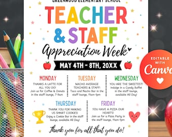 Editable Teacher Appreciation Week Itinerary Poster Teachers Staff Appreciation Week Event Flyer Printable Template Canva Digital Download