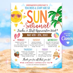 Könnte beinhalten: Ein farbenfrohes Plakat für die Lehrer- und Mitarbeiter-Wertschätzungswoche mit Strandmotiv. Es zeigt eine lächelnde Sonne mit herzförmigen Sonnenbrillen, Palmen und einen Zeitplan mit täglichen Veranstaltungen, einschließlich Kaffee, Tacos und Pizza.
