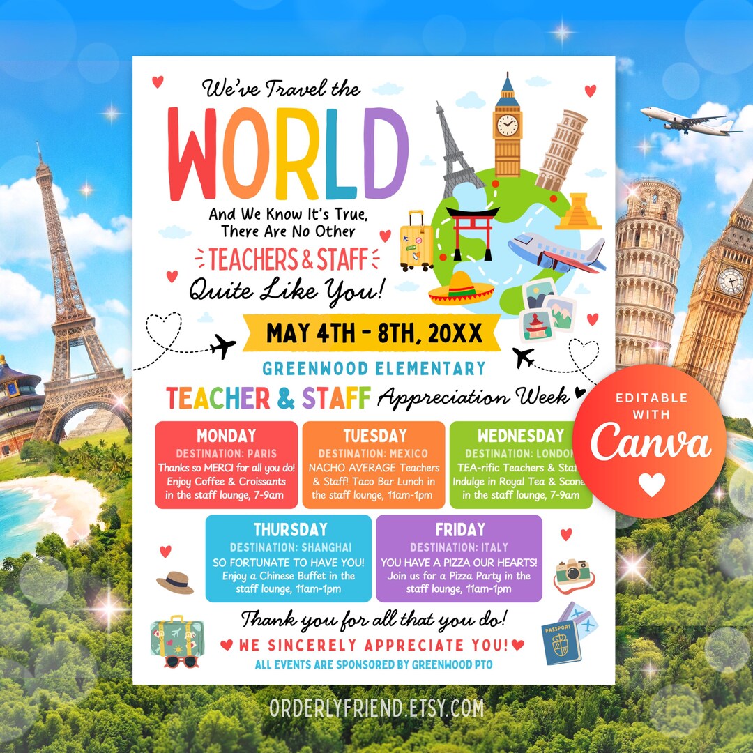 Teacher Appreciation Week Itinerary Flyer Poster World Travel Theme ...