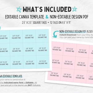 May include: A printable design for 12 square gift tags, each measuring 2.5 inches by 2.5 inches. The design is available in both editable Canva template and non-editable PDF formats. The tags are light blue with white text and a light pink background with white text.