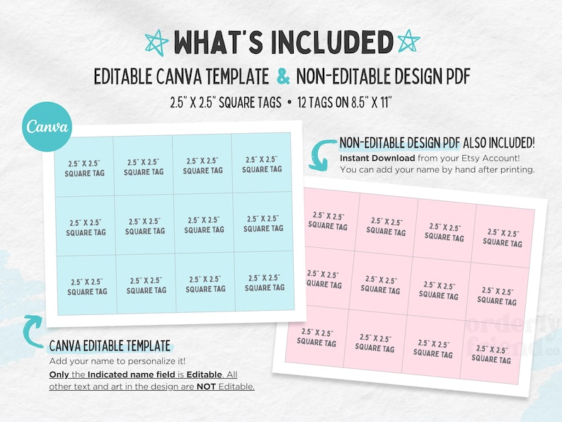 May include: A printable design for 12 square gift tags, each measuring 2.5 inches by 2.5 inches. The design is available in both editable Canva template and non-editable PDF formats. The tags are light blue with white text and a light pink background with white text.