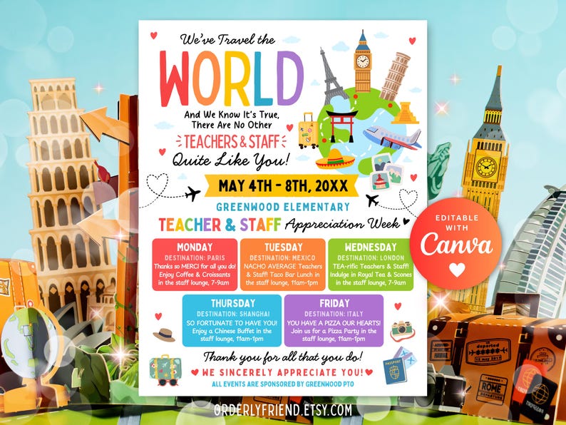 Teacher Appreciation Week Itinerary Flyer Poster World Travel Theme ...