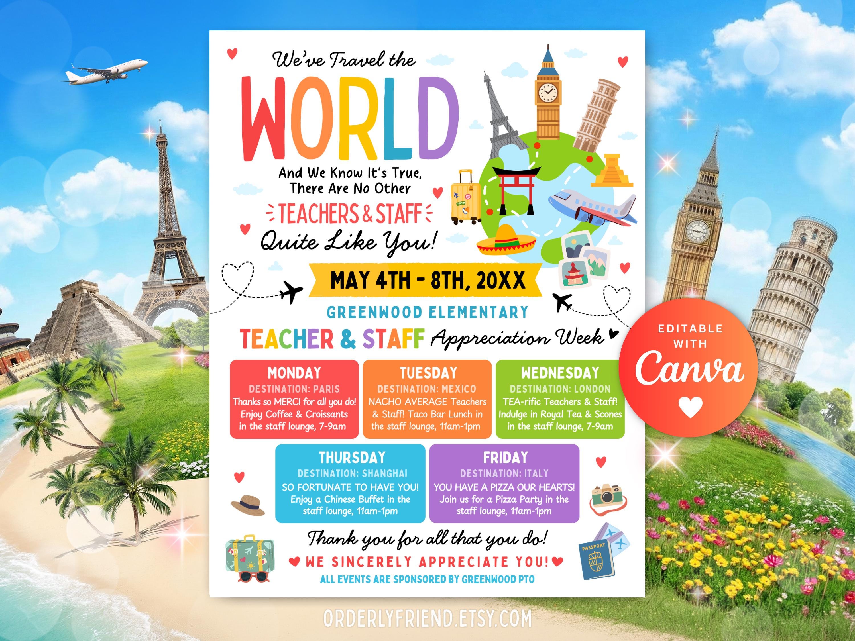 Teacher Appreciation Week Itinerary Flyer Poster World Travel Theme ...