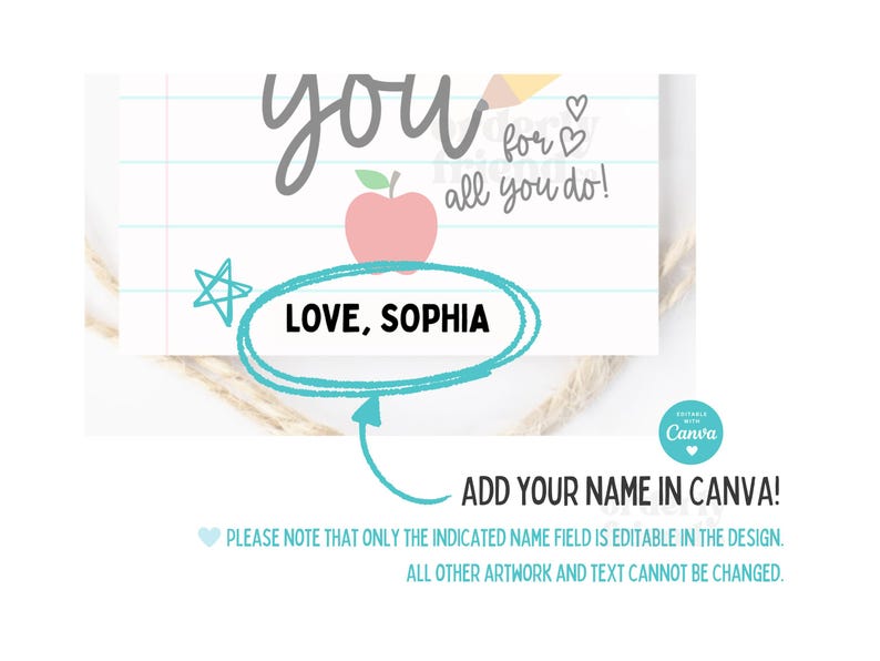 May include: A printable teacher appreciation card with a red apple, pencil, and hearts. The text reads "Thank you for all you do!" and "LOVE, SOPHIA".