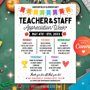 Editable Teacher Appreciation Week Itinerary Poster Teachers Staff ...