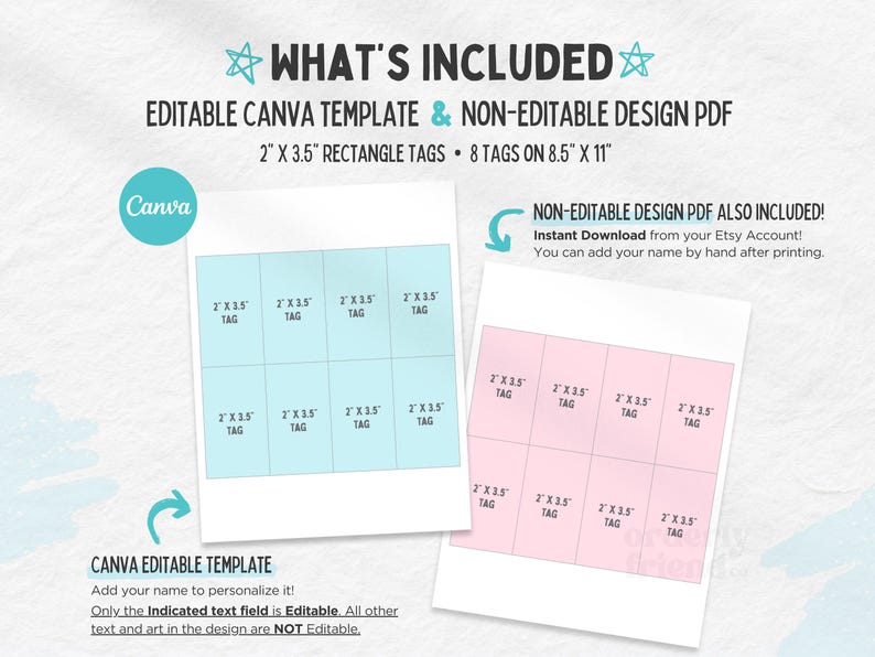 May include: Editable Canva template and non-editable PDF design for 8 rectangle gift tags. Each tag measures 2 inches by 3.5 inches. The tags are arranged on an 8.5 inch by 11 inch sheet. The text on the tags reads "2 x 3.5" tag".