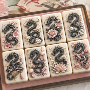 May include: A set of eight rectangular cream-colored tiles arranged in a wooden box. Each tile features a detailed relief of a black dragon paired with various elements including pink flowers, a folding fan, lanterns, clouds, and pearls.